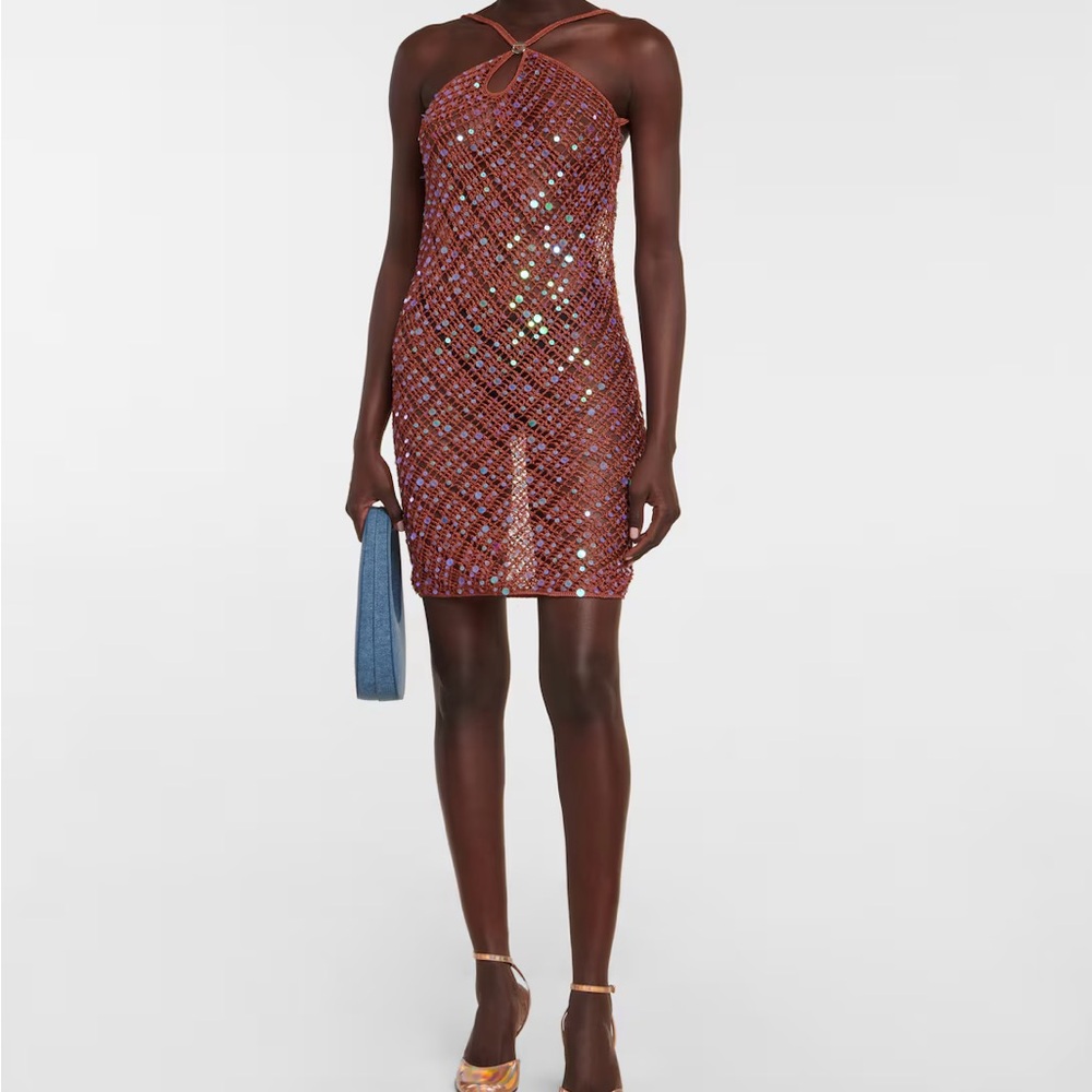 Coperni Burnt Orange Sequin Crochet Mini Dress S